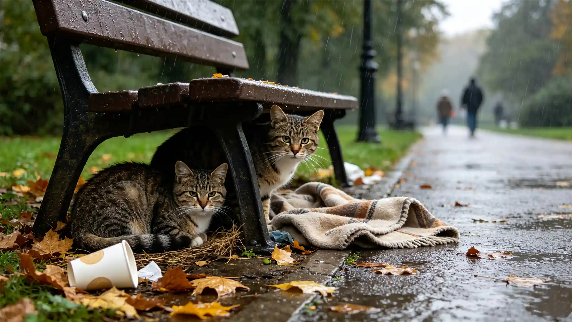 Two stray cats sheltering under park bench during rain