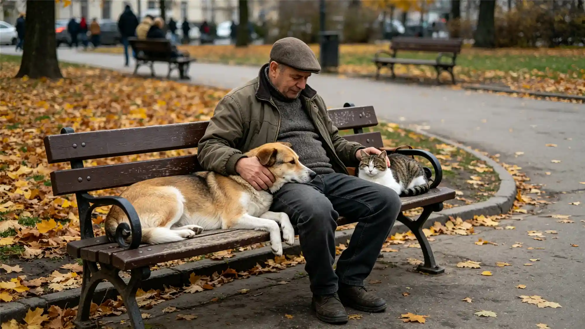 Elderly man sitting on park bench with relaxed dog and cat enjoying peaceful companionship