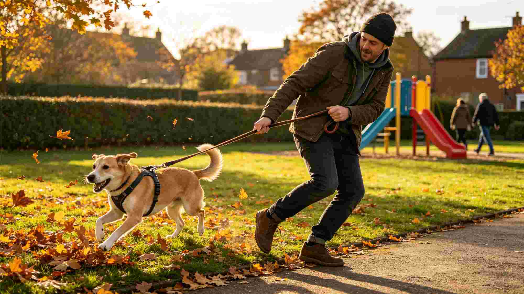 Man struggling to control pulling dog on leash in park