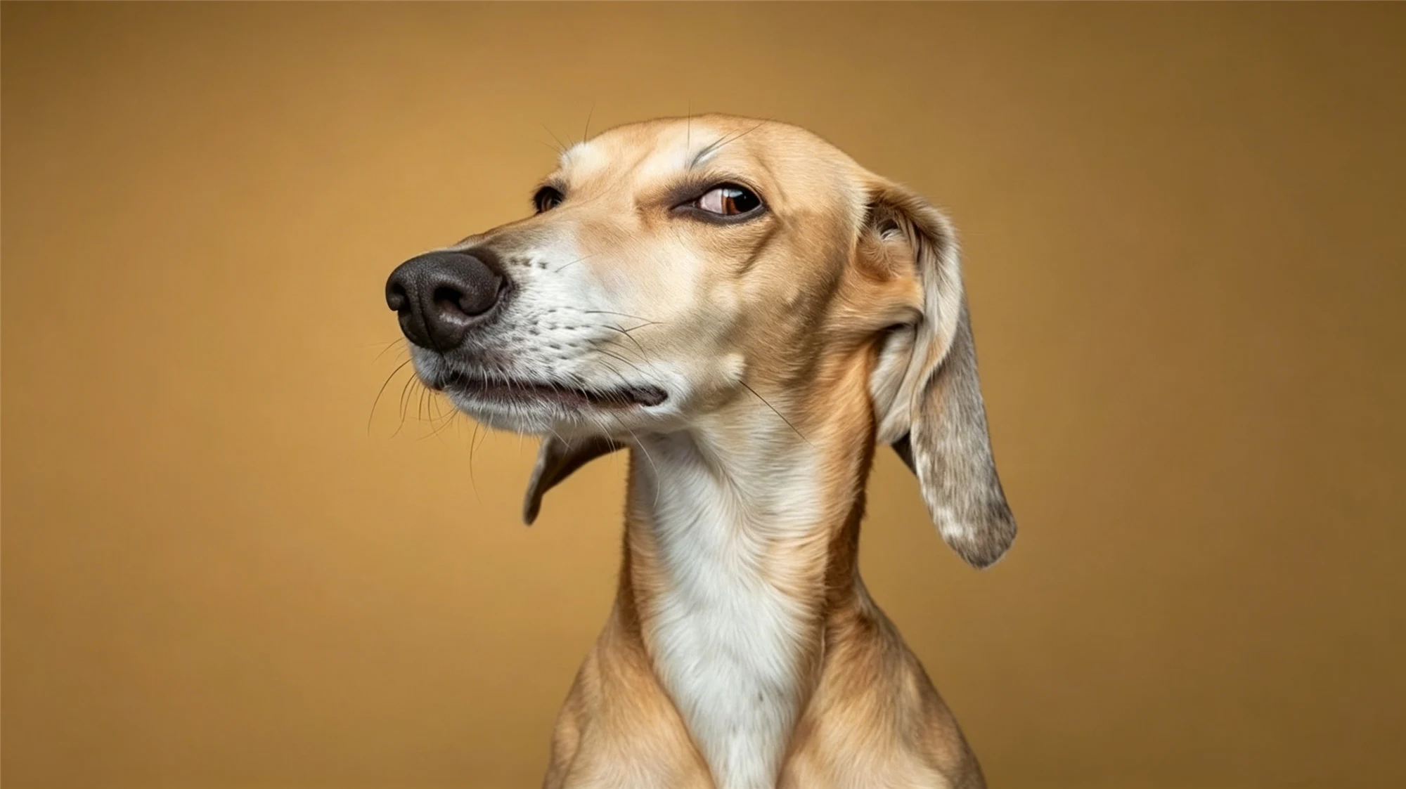 Profile portrait of thoughtful tan and white hound dog against golden background