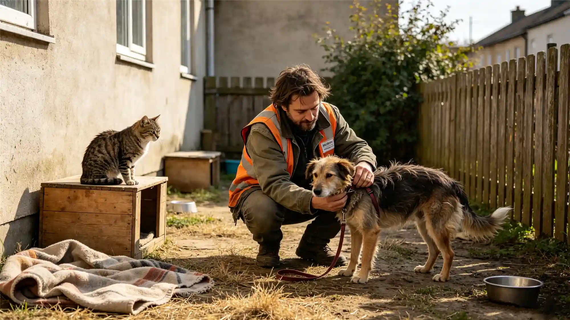 Man in work uniform gently caring for dog in backyard with cat watching nearby