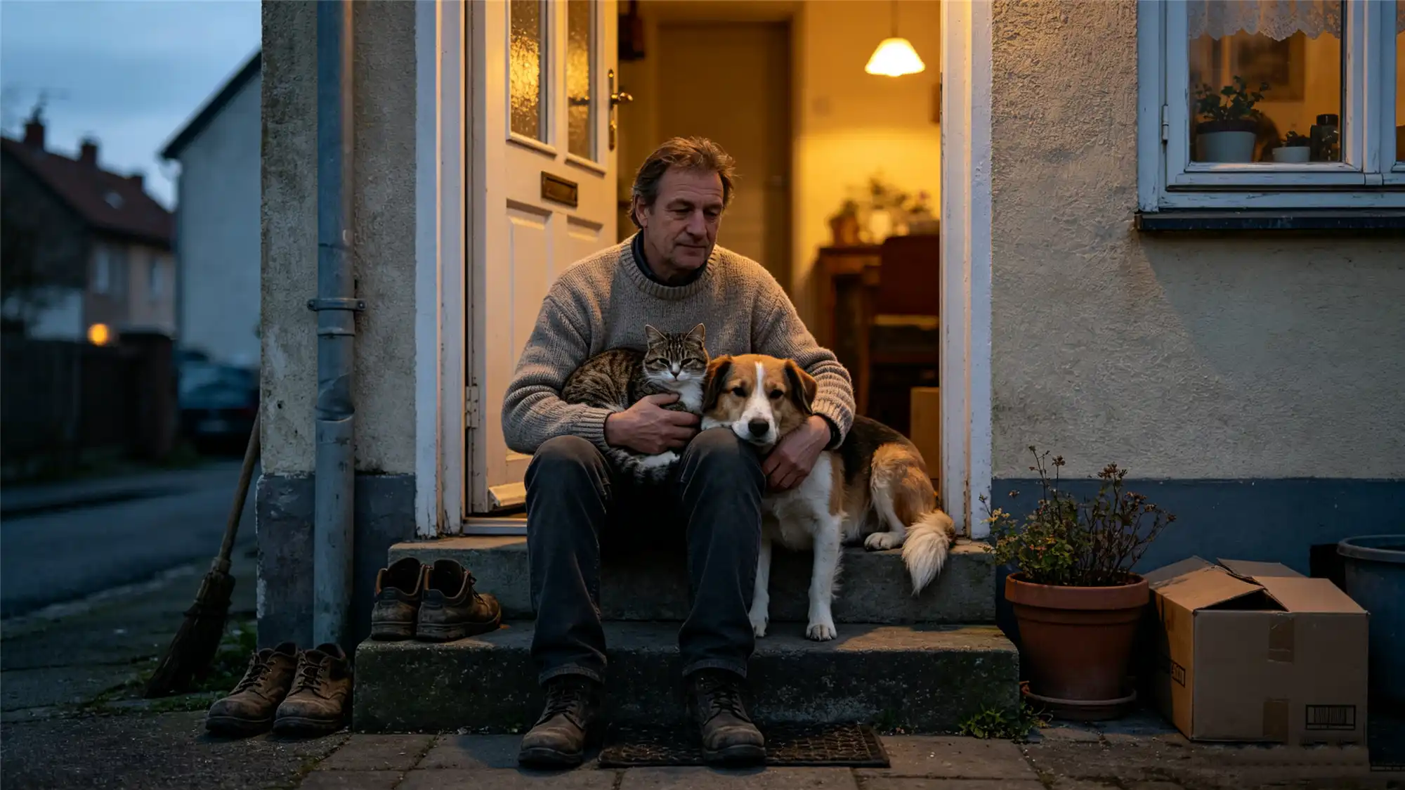 Man sitting on doorstep at dusk holding cat with loyal dog beside him in quiet evening moment