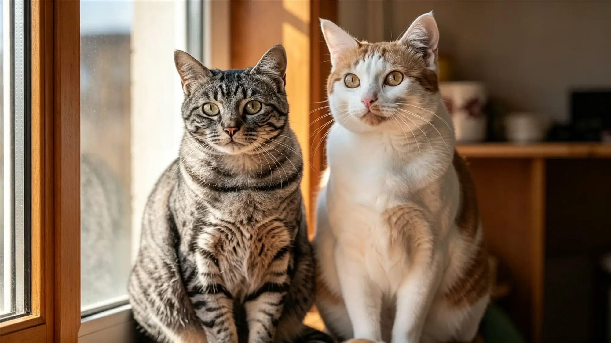 Two domestic cats sitting together by window showing bonded pair