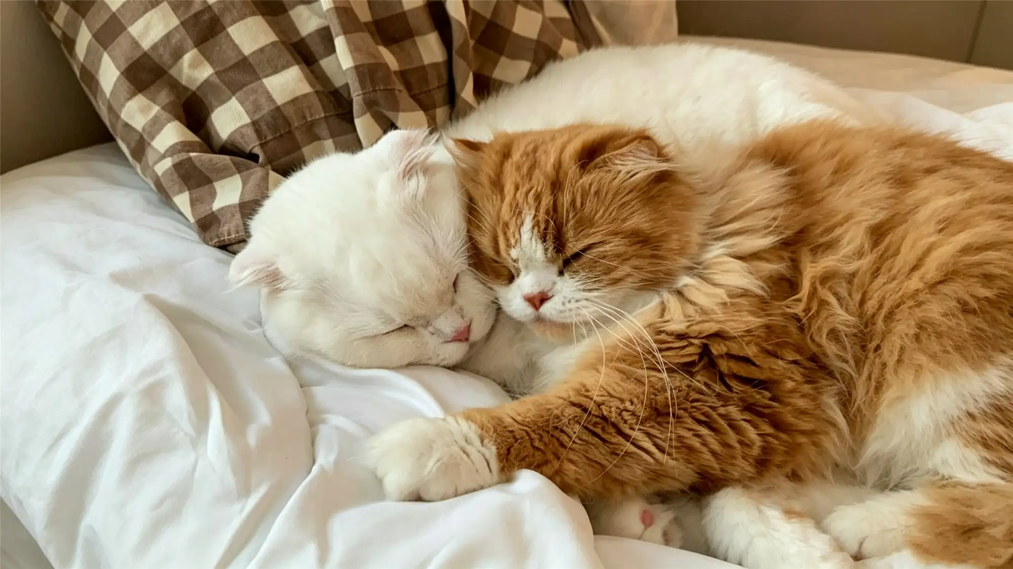 Two cats cuddling together sleeping showing successful bonding