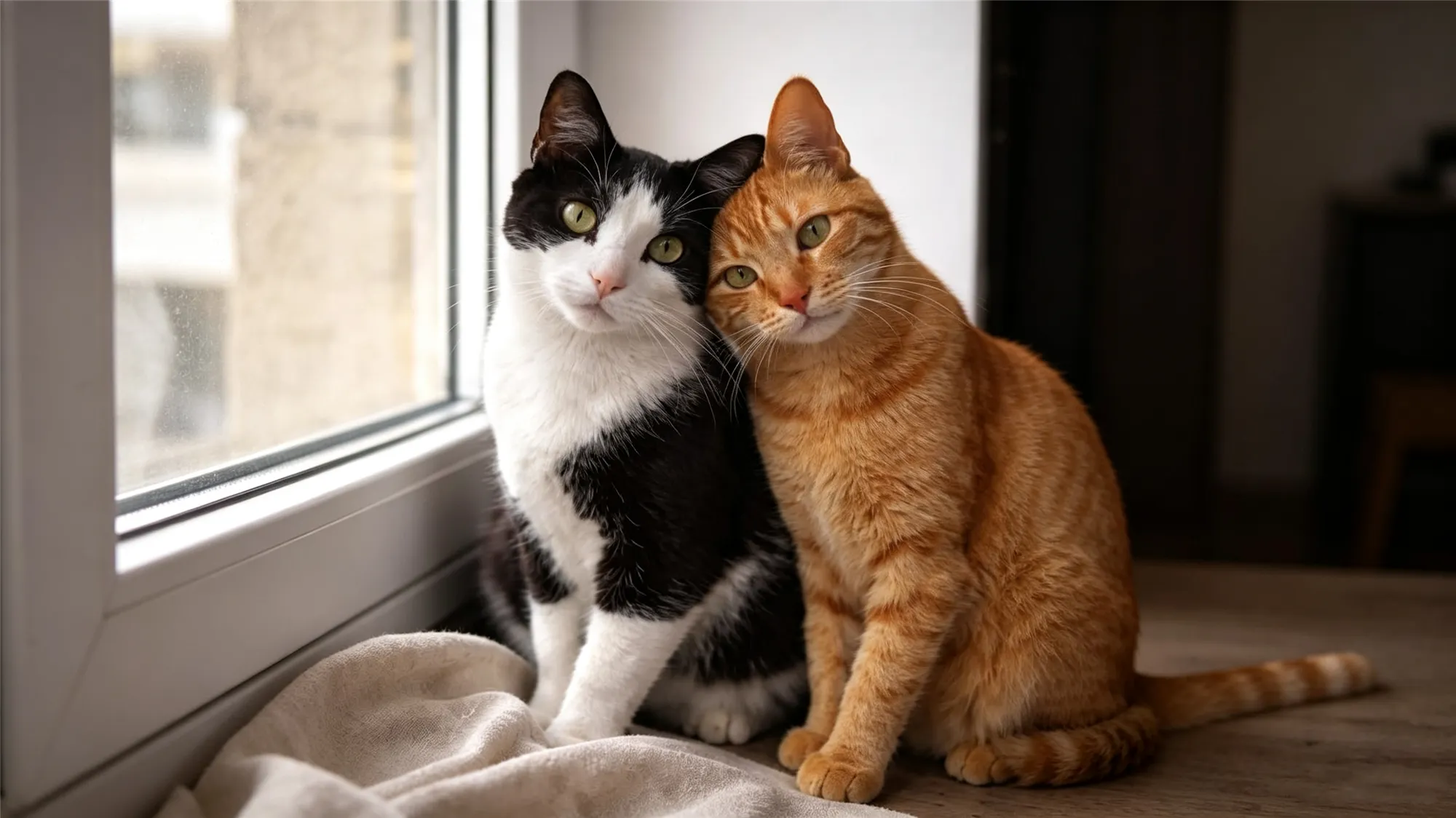 Two cats sitting close together by window showing companionship
