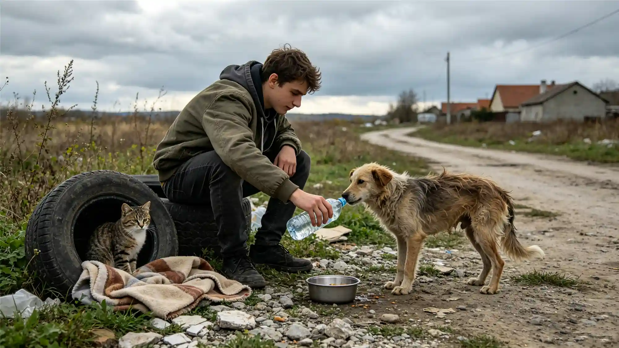 Young man offering water to thirsty stray dog in rural area with cat sheltering nearby